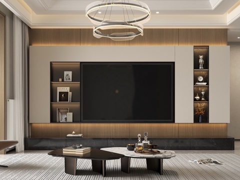 现代悬浮电视墙 意式地台电视背景 现代茶几组合摆件 现代书籍su模型