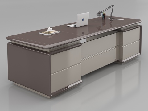  现代办公室 褐色烤漆老板桌 主管桌 经理桌灰底图3d模型 