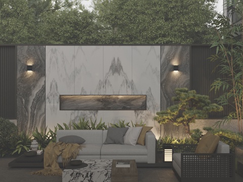  现代新中式禅意庭院景观 围墙景墙 户外休闲沙发组合3d模型 