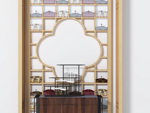  新中式边柜茶花屏风摆件组合3d模型 