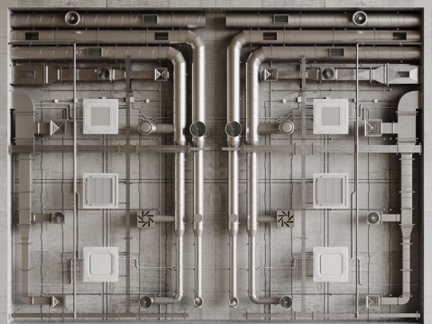 现代工业LOFT吊顶 裸顶吊顶 工业管道吊顶 铁丝网吊顶su模型