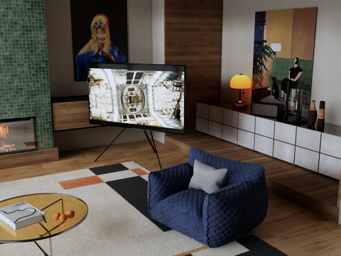 美式复古包豪斯孟菲斯客餐厅家具组合su模型