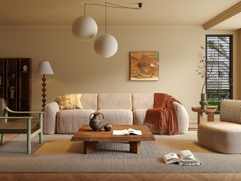 中古侘寂风客厅 沙发茶几组合 绿植 饰品摆件 台灯  背景墙su模型