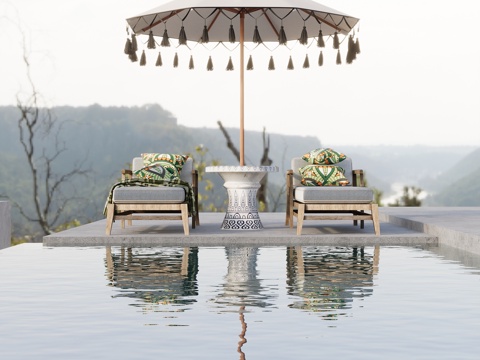  现代户外露天泳池 柚木躺椅 泳池椅 沙滩椅 休闲椅 圆形遮阳3d模型 