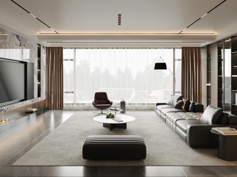 现代轻奢客厅 黑白灰客厅 样板间客厅 大户型客厅 意式客厅su模型