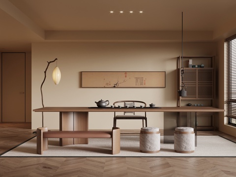 新中式茶台 茶桌椅 博古架su模型