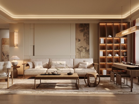 新中式禅意家居客厅 中式客厅 宋式美学客厅 无主灯客厅su模型