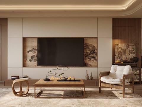 新中式禅意家居客厅 电视背景墙 宋式美学背景墙 客厅背景墙su模型