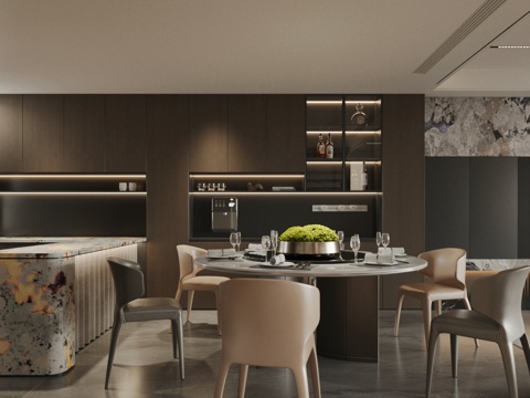  现代意式岛台餐厅 轻奢意式餐厅 开放式餐厅 岛台餐桌椅 餐椅3d模型 