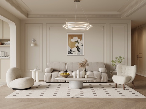  法式奶油风客厅 沙发茶几组合3d模型 