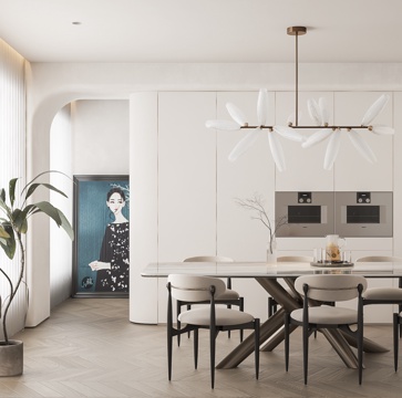 现代奶油风餐厅 餐桌椅su模型