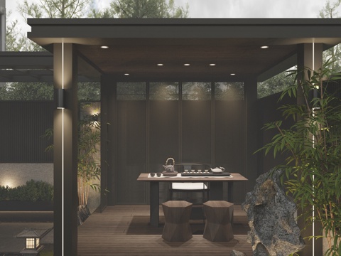  现代新中式禅意庭院景观 铝合金茶亭 茶桌椅组合3d模型 