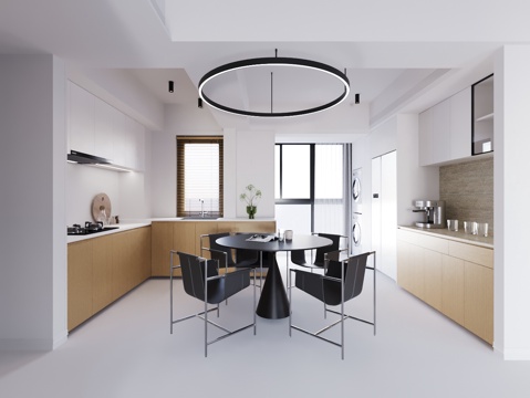  现代极简餐厅 开放式餐厅 餐桌椅 橱柜餐边柜3d模型 