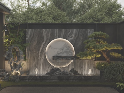  现代新中式禅意庭院景观 围墙景墙 雪浪石叠水景墙组合3d模型 