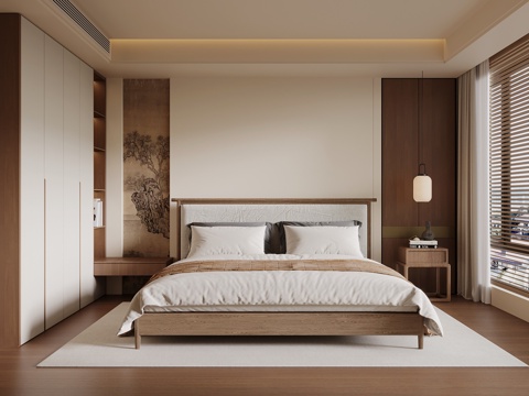 新中式卧室 双人床su模型