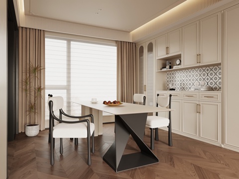  法式奶油风餐厅 酒柜 餐边柜 餐桌椅3d模型 