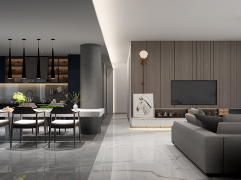  现代客厅餐厅厨房模型3d模型 