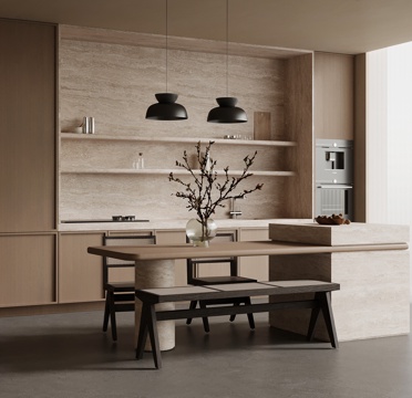 侘寂风餐厅 中古风餐厅 餐桌椅 岛台 餐边柜su模型