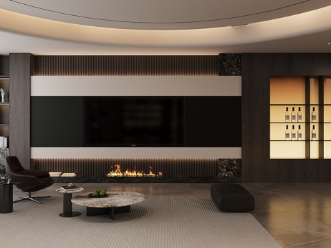 轻奢意式家居客厅 电视背景墙 客厅背景墙 意式客餐厅背景墙su模型