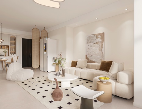  奶油风客餐厅 开放厨房 干区3d模型 