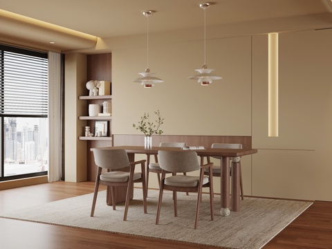 中古风餐厅 餐桌椅 背景墙su模型