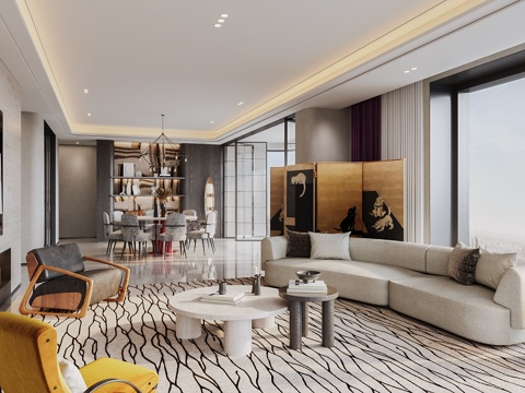 现代轻奢大平层客餐厅 餐桌椅 沙发组合su模型