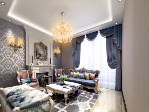  美式客厅 美式窗帘 墙纸 美式壁炉3d模型 