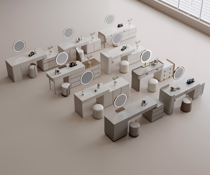 现代梳妆台组合 实木梳妆台 梳妆台组合柜 梳妆镜 梳妆凳su模型