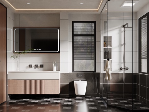 中古风卫生间 浴室柜 淋浴su模型