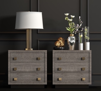  新中式实木床头柜台灯饰品组合3d模型 