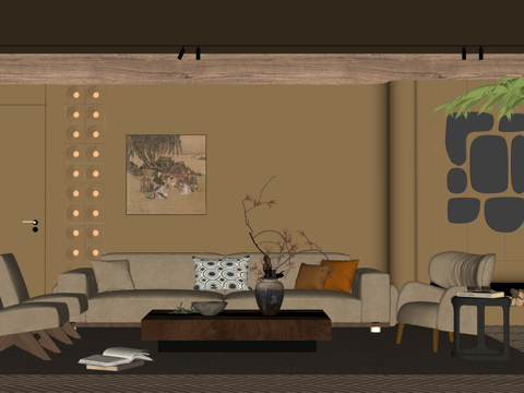 中古侘寂风客厅 沙发茶几组合 绿植 饰品摆件 台灯  背景墙su模型