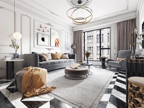  北欧法式客厅 沙发茶几 吊灯3d模型 