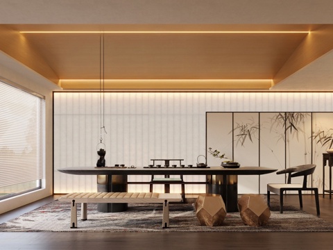 新中式宋氏茶室 禅意品茶室屏风 宋氏茶桌椅组合 新中式地毯茶su模型