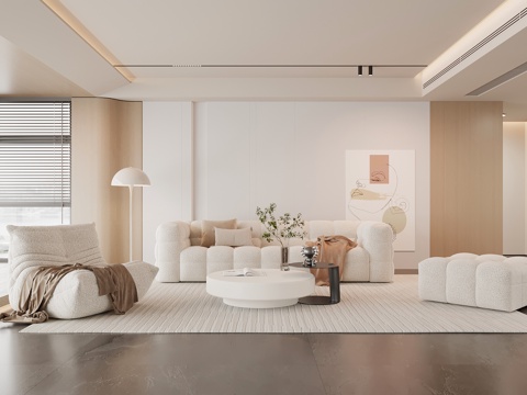 奶油风客厅 沙发茶几组合su模型