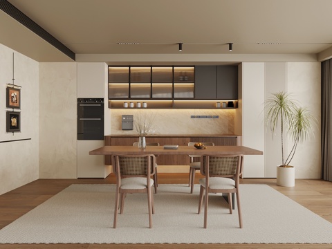 中古风餐厅 餐桌椅 酒柜su模型