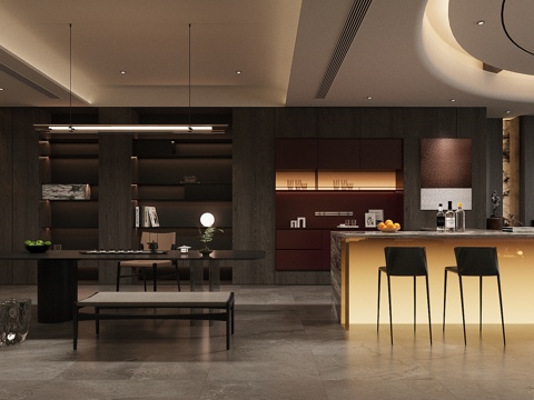  现代意式岛台餐厅 轻奢意式餐厅 茶室 开放式餐厅 岛台餐桌椅3d模型 