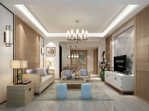  新中式客餐厅模型 新中式沙发组合 电视柜 壁灯 吊灯 装饰瓶3d模型 