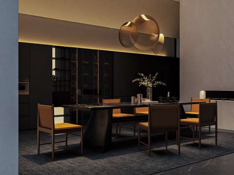 现代意式餐厅 餐桌椅 吊灯su模型