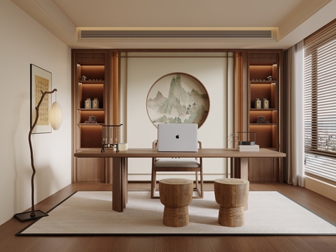 新中式  书房 书柜 书桌椅su模型