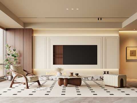 客厅 中古风客厅 电视背景墙 沙发茶几组合su模型