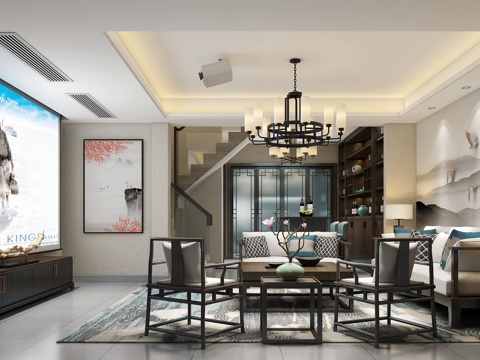  新中式中式客厅 影音室 地下室 沙发 茶几 电视柜 投影3d模型 