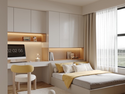 奶油风榻榻米卧室 儿童榻榻米卧室 单椅 单人床 电脑su模型