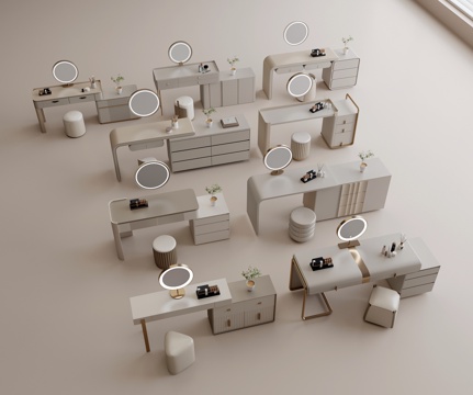 现代梳妆台组合 实木梳妆台 梳妆台组合柜 梳妆镜 梳妆凳su模型