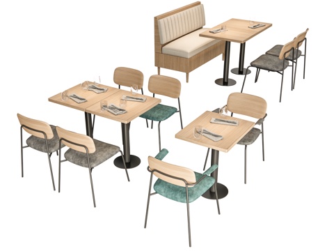 现代餐桌椅卡座 餐厅餐桌椅 快餐店餐桌椅 双人桌四人桌su模型