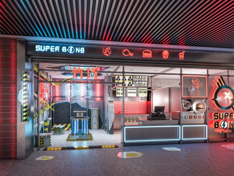 工业风奶茶店 快餐汉堡店 休闲卡座墩子 前台收银台 金属霓虹su模型