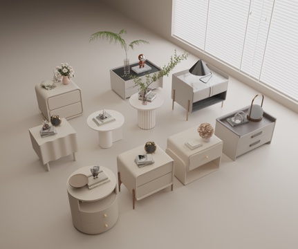 现代床头柜组合 实木床头柜 边柜 圆形边几 饰品摆件 花瓶绿su模型