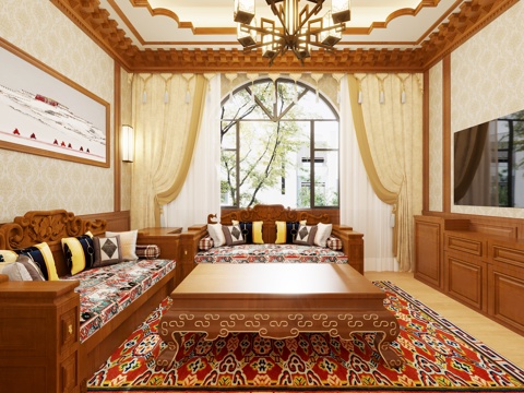 藏式 新中式 会客厅 沙发组合 挂画 电视柜su模型