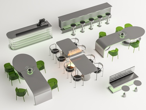 金属工业风餐桌椅 卡座休闲桌椅前台 岛台吧台吧台椅 亚克力收su模型