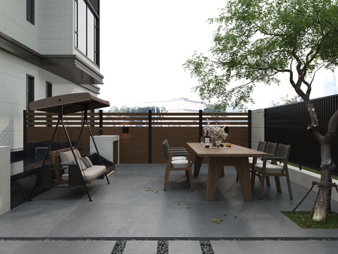  现代新中式庭院花园 围栏木格栅 柚木餐桌椅 双人吊椅秋千组合3d模型 