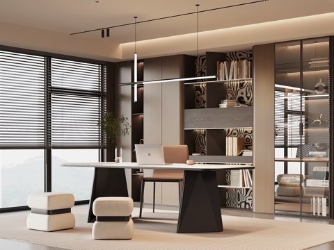 现代意式书房 书桌椅 书柜su模型